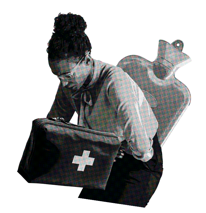 An image of a woman suffering from menstrual cramps, and another image of a first aid box
